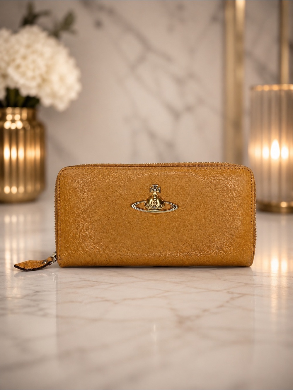 Vivienne Westwood Camel Beige Zip Around Wallet – Orb Logo Leather